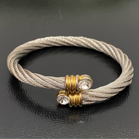 Unsigned Two-tone Twisted Cable Open Cuff CZ End Bangle Bracelet - Picture 6 of 12
